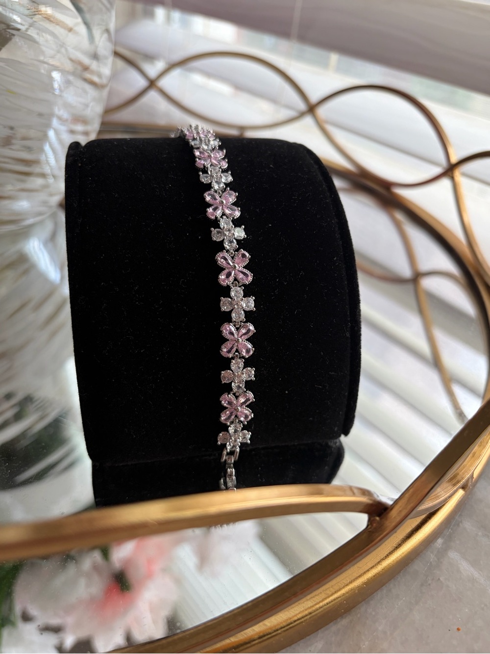 Sterling Silver plated Pink Flower Tennis Bracelet - Unbranded